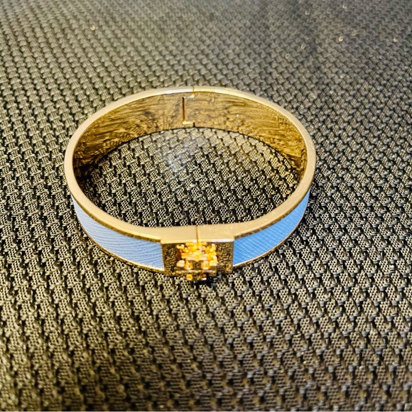 Tory Burch-1” Leather Inlay Hinge Bracelets in Blue/Green Tartan/ or Blue Tartan - Picture 2 of 9